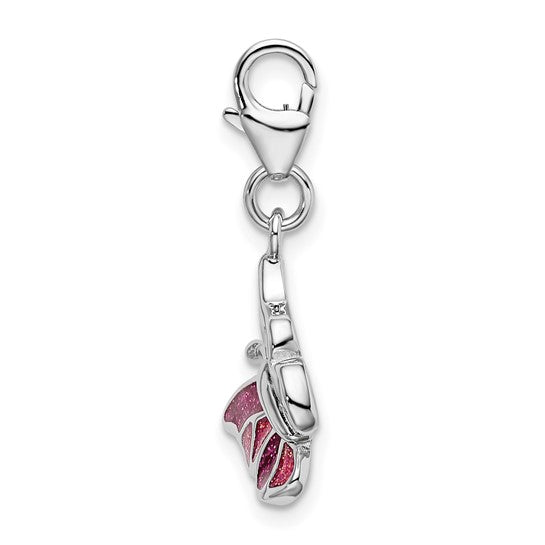 Sterling Silver Rhodium-Plated Polished Pink and Purple Enameled Butterfly Charm with Fancy Lobster Clasp