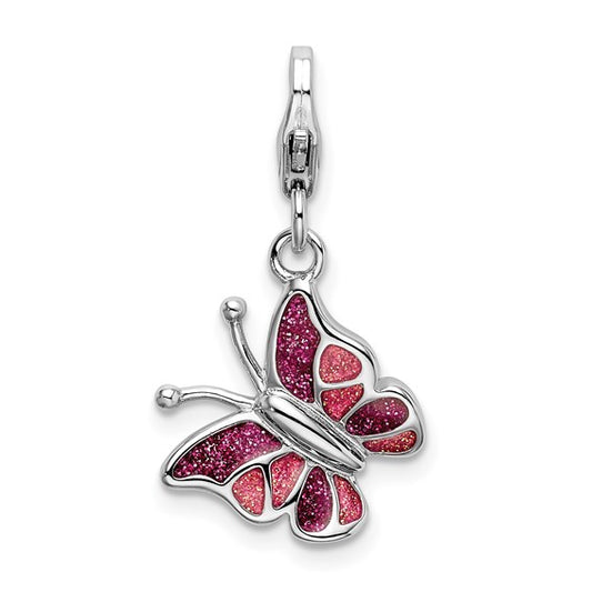 Sterling Silver Rhodium-Plated Polished Pink and Purple Enameled Butterfly Charm with Fancy Lobster Clasp