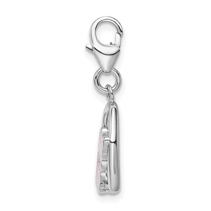 Sterling Silver Rhodium-Plated Polished Enameled with Crystal MOM Heart Charm with Fancy Lobster Clasp