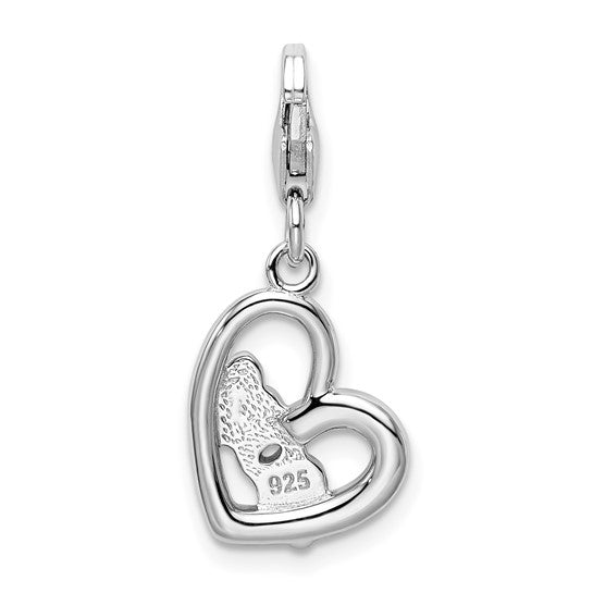 Sterling Silver Rhodium-Plated Polished Enameled with Crystal MOM Heart Charm with Fancy Lobster Clasp