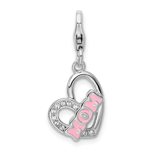 Sterling Silver Rhodium-Plated Polished Enameled with Crystal MOM Heart Charm with Fancy Lobster Clasp