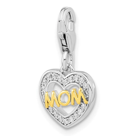 Sterling Silver Rhodium-Plated Gold-plated Polished CZ MOM Heart Charm with Fancy Lobster Clasp