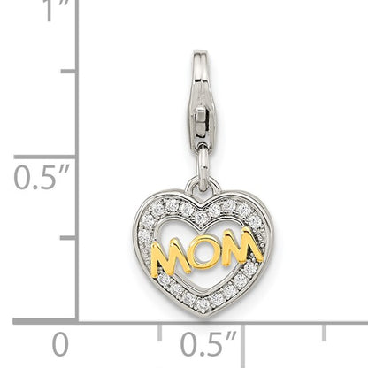 Sterling Silver Rhodium-Plated Gold-plated Polished CZ MOM Heart Charm with Fancy Lobster Clasp