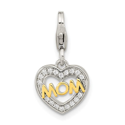 Sterling Silver Rhodium-Plated Gold-plated Polished CZ MOM Heart Charm with Fancy Lobster Clasp