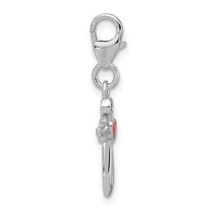 Sterling Silver Rhodium-Plated Angel Holding Red Enameled Heart Charm with Fancy Lobster Clasp