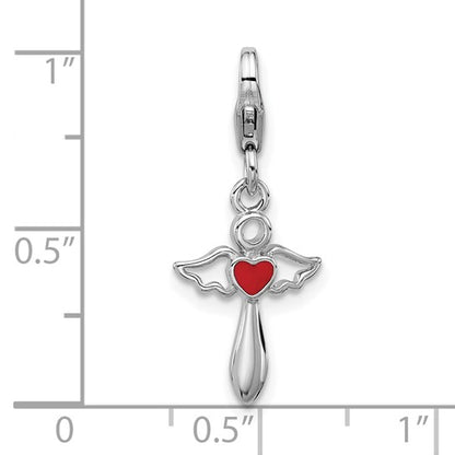 Sterling Silver Rhodium-Plated Angel Holding Red Enameled Heart Charm with Fancy Lobster Clasp