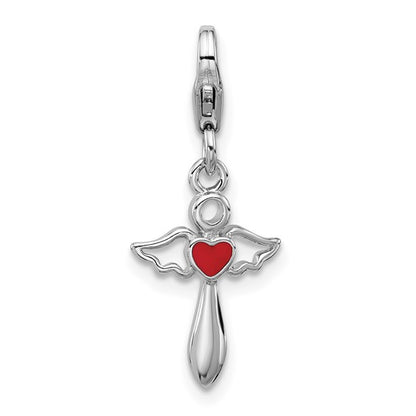 Sterling Silver Rhodium-Plated Angel Holding Red Enameled Heart Charm with Fancy Lobster Clasp