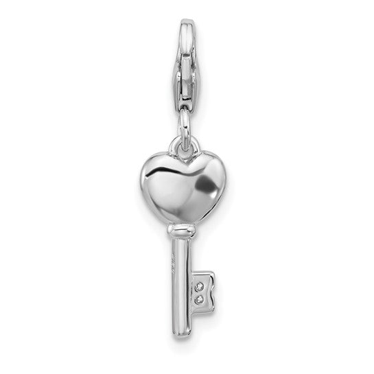 Sterling Silver Rhodium-Plated Angel Holding Red Enameled Heart Charm with Fancy Lobster Clasp