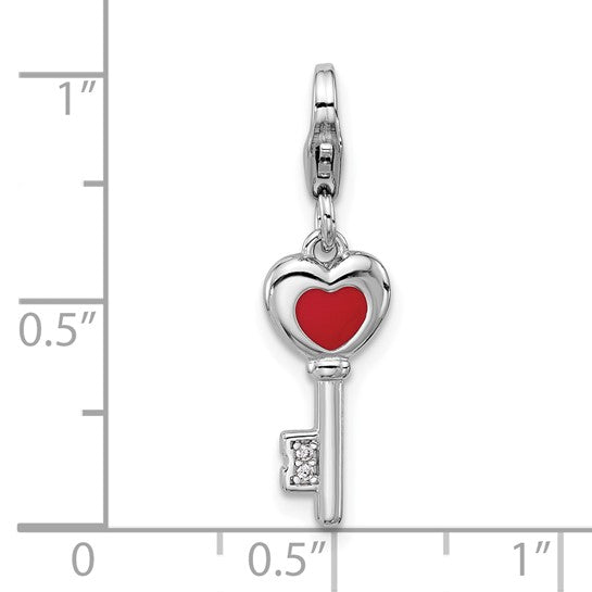 Sterling Silver Rhodium-Plated Angel Holding Red Enameled Heart Charm with Fancy Lobster Clasp