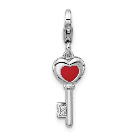 Sterling Silver Rhodium-Plated Angel Holding Red Enameled Heart Charm with Fancy Lobster Clasp