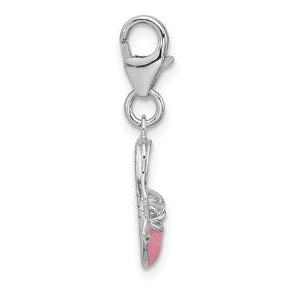 Sterling Silver Rhodium-Plated Pink and White Enameled Ballet Shoes Charm with Fancy Lobster