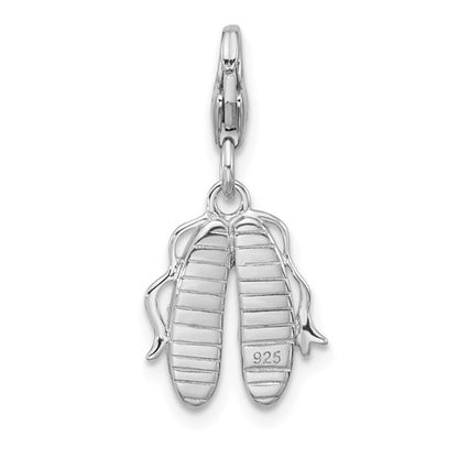 Sterling Silver Rhodium-Plated Pink and White Enameled Ballet Shoes Charm with Fancy Lobster