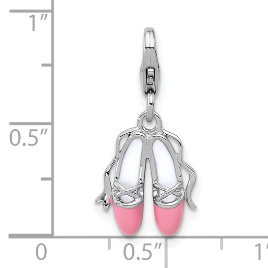 Sterling Silver Rhodium-Plated Pink and White Enameled Ballet Shoes Charm with Fancy Lobster