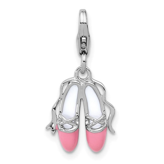 Sterling Silver Rhodium-Plated Pink and White Enameled Ballet Shoes Charm with Fancy Lobster