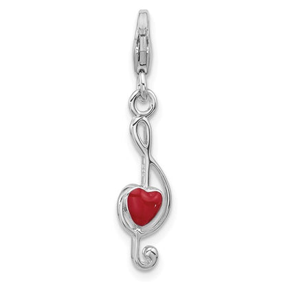 Sterling Silver Rhodium-Plated Treble Clef with Red Enameled Heart Inside Charm with Fancy Lobster Clasp