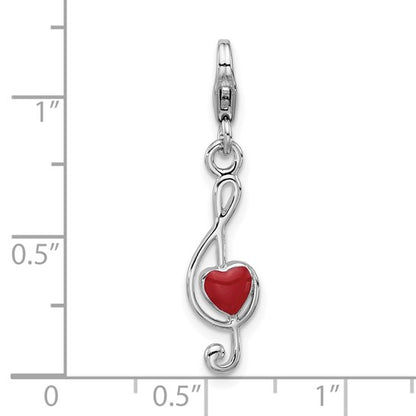 Sterling Silver Rhodium-Plated Treble Clef with Red Enameled Heart Inside Charm with Fancy Lobster Clasp