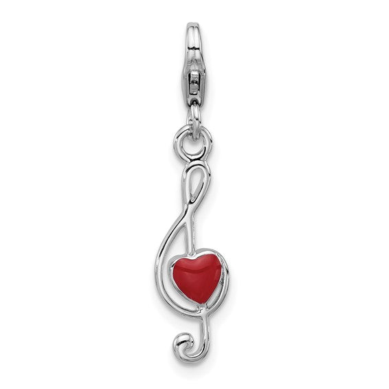 Sterling Silver Rhodium-Plated Treble Clef with Red Enameled Heart Inside Charm with Fancy Lobster Clasp