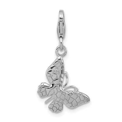 Sterling Silver Rhodium-Plated 3-D Purple Enameled Butterfly Charm with Fancy Lobster Clasp