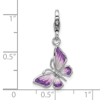 Sterling Silver Rhodium-Plated 3-D Purple Enameled Butterfly Charm with Fancy Lobster Clasp