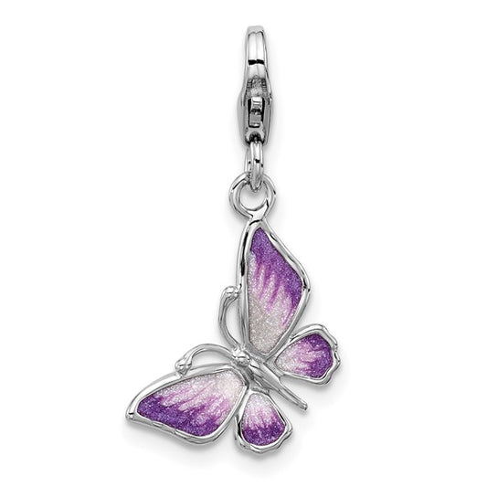 Sterling Silver Rhodium-Plated 3-D Purple Enameled Butterfly Charm with Fancy Lobster Clasp