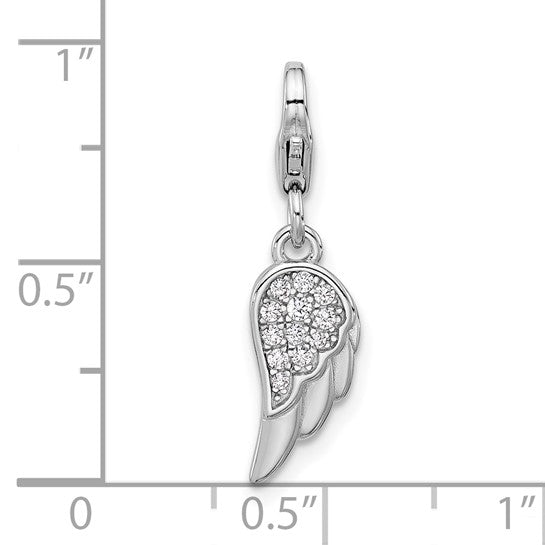 Sterling Silver Rhodium-Plated Angel Wing with CZ Charm with Fancy Lobster Clasp