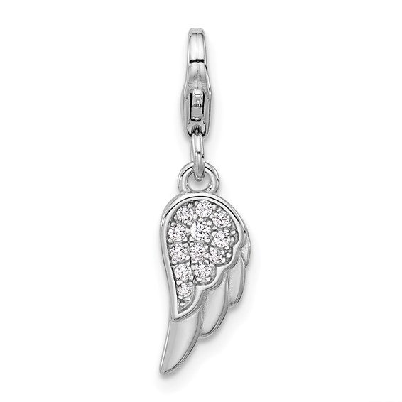 Sterling Silver Rhodium-Plated Angel Wing with CZ Charm with Fancy Lobster Clasp