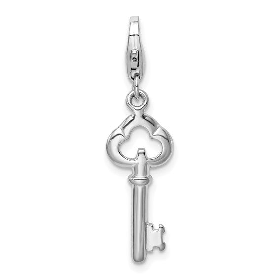 Sterling Silver Rhodium-Plated Polished Skeleton Key Charm with Fancy Lobster Clasp