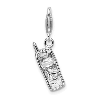 Sterling Silver Rhodium-Plated Polished CZ Cell Phone Charm with Fancy Lobster Clasp