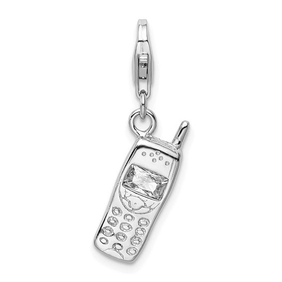 Sterling Silver Rhodium-Plated Polished CZ Cell Phone Charm with Fancy Lobster Clasp