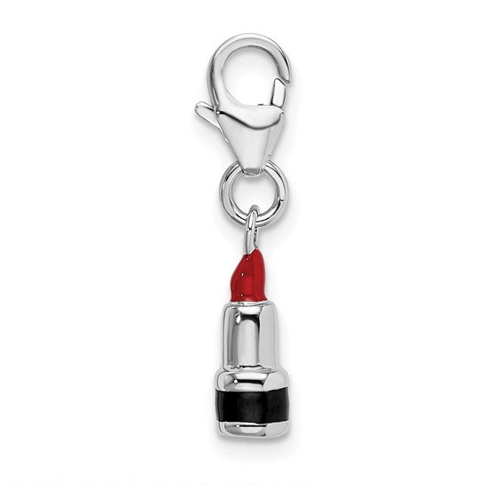 Sterling Silver Rhodium-Plated Polished 3-D Enameled Red Lipstick Charm with Fancy Lobster Clasp