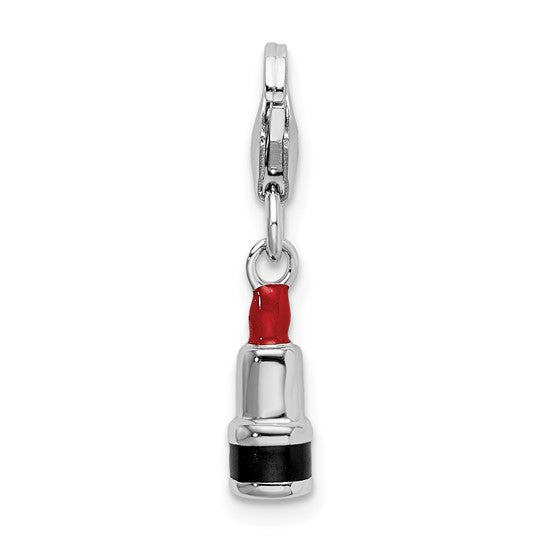 Sterling Silver Rhodium-Plated Polished 3-D Enameled Red Lipstick Charm with Fancy Lobster Clasp