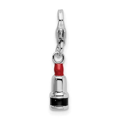 Sterling Silver Rhodium-Plated Polished 3-D Enameled Red Lipstick Charm with Fancy Lobster Clasp