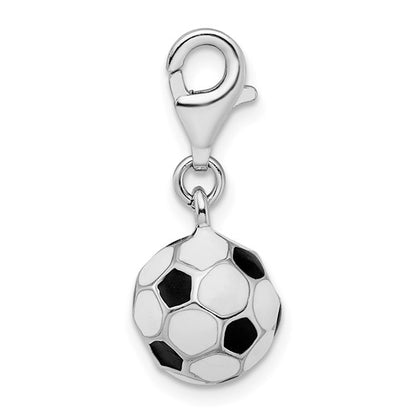 Sterling Silver Rhodium-Plated Polished 3-D Enameled Small Soccer Ball Charm with Fancy Lobster Clasp