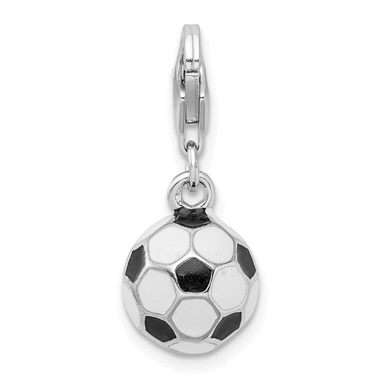 Sterling Silver Rhodium-Plated Polished 3-D Enameled Small Soccer Ball Charm with Fancy Lobster Clasp