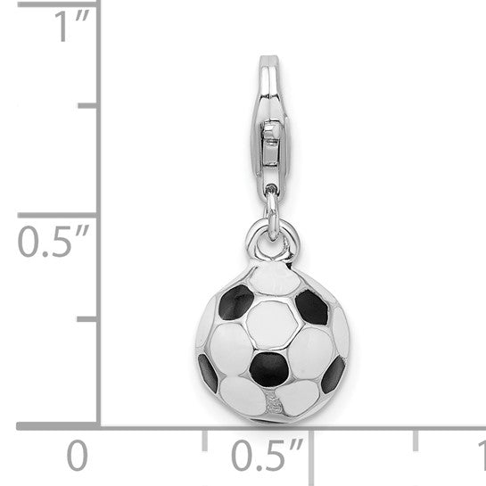 Sterling Silver Rhodium-Plated Polished 3-D Enameled Small Soccer Ball Charm with Fancy Lobster Clasp