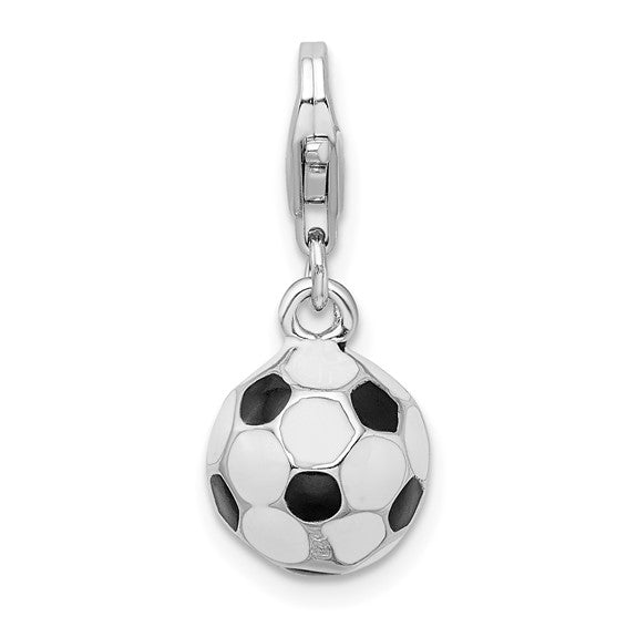 Sterling Silver Rhodium-Plated Polished 3-D Enameled Small Soccer Ball Charm with Fancy Lobster Clasp