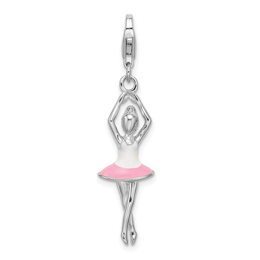 Sterling Silver Rhodium-Plated Polished 3-D Enameled Ballerina Charm with Fancy Lobster Clasp