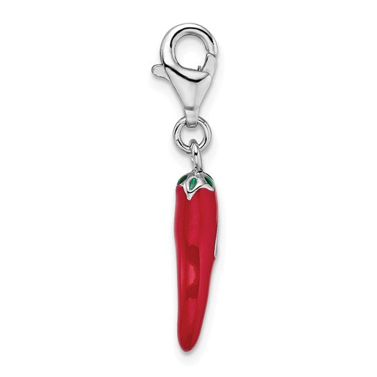 Sterling Silver Rhodium-Plated Polished 3-D Red Enameled Pepper Charm with Fancy Lobster Clasp