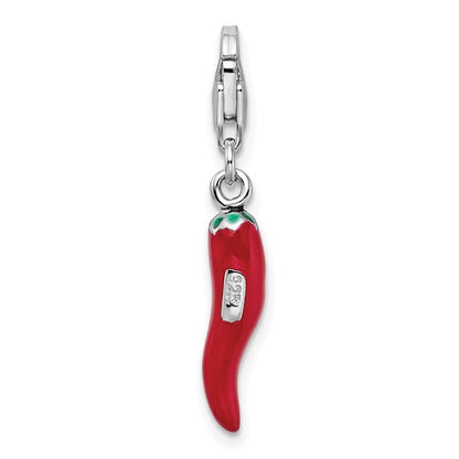 Sterling Silver Rhodium-Plated Polished 3-D Red Enameled Pepper Charm with Fancy Lobster Clasp