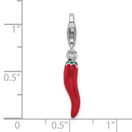 Sterling Silver Rhodium-Plated Polished 3-D Red Enameled Pepper Charm with Fancy Lobster Clasp