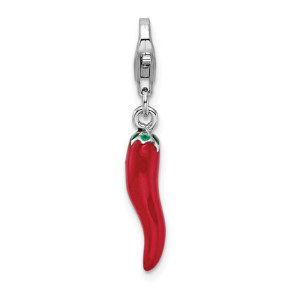 Sterling Silver Rhodium-Plated Polished 3-D Red Enameled Pepper Charm with Fancy Lobster Clasp