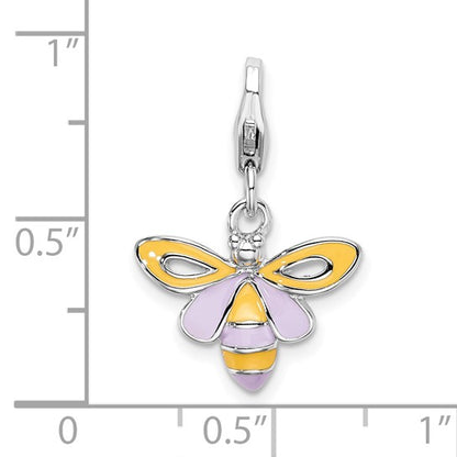 Sterling Silver Rhodium-Plated Polished Enameled Bee Charm with Fancy Lobster Clasp