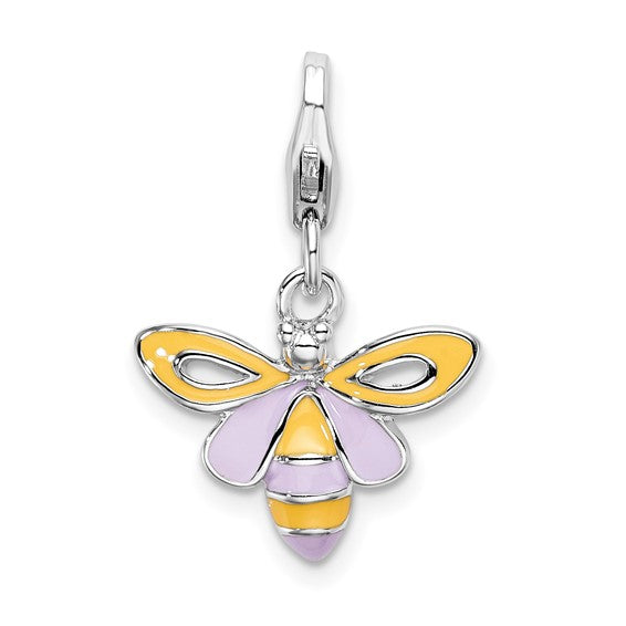 Sterling Silver Rhodium-Plated Polished Enameled Bee Charm with Fancy Lobster Clasp