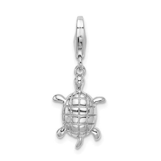 Sterling Silver Rhodium-Plated Polished Turtle Charm with Fancy Lobster Clasp