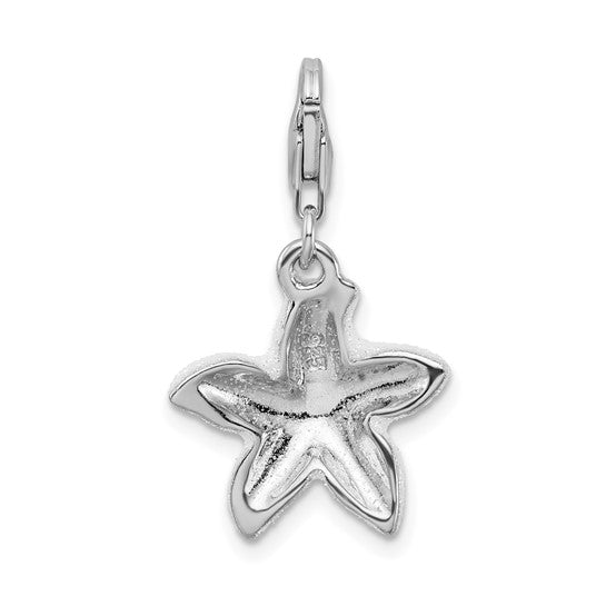 Sterling Silver Rhodium-Plated Enameled Pink Sparkle Starfish Charm with Fancy Lobster Clasp