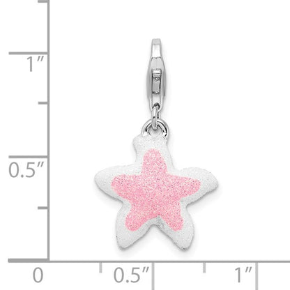 Sterling Silver Rhodium-Plated Enameled Pink Sparkle Starfish Charm with Fancy Lobster Clasp