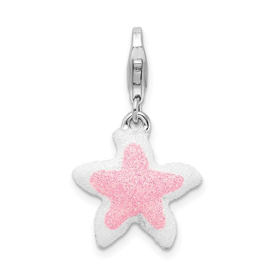 Sterling Silver Rhodium-Plated Enameled Pink Sparkle Starfish Charm with Fancy Lobster Clasp