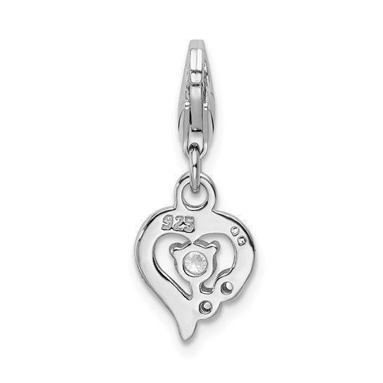 Sterling Silver Rhodium-Plated Polished CZ Heart Charm with Fancy Lobster Clasp