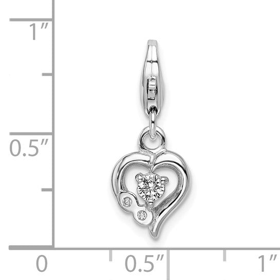 Sterling Silver Rhodium-Plated Polished CZ Heart Charm with Fancy Lobster Clasp