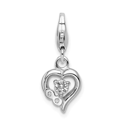 Sterling Silver Rhodium-Plated Polished CZ Heart Charm with Fancy Lobster Clasp